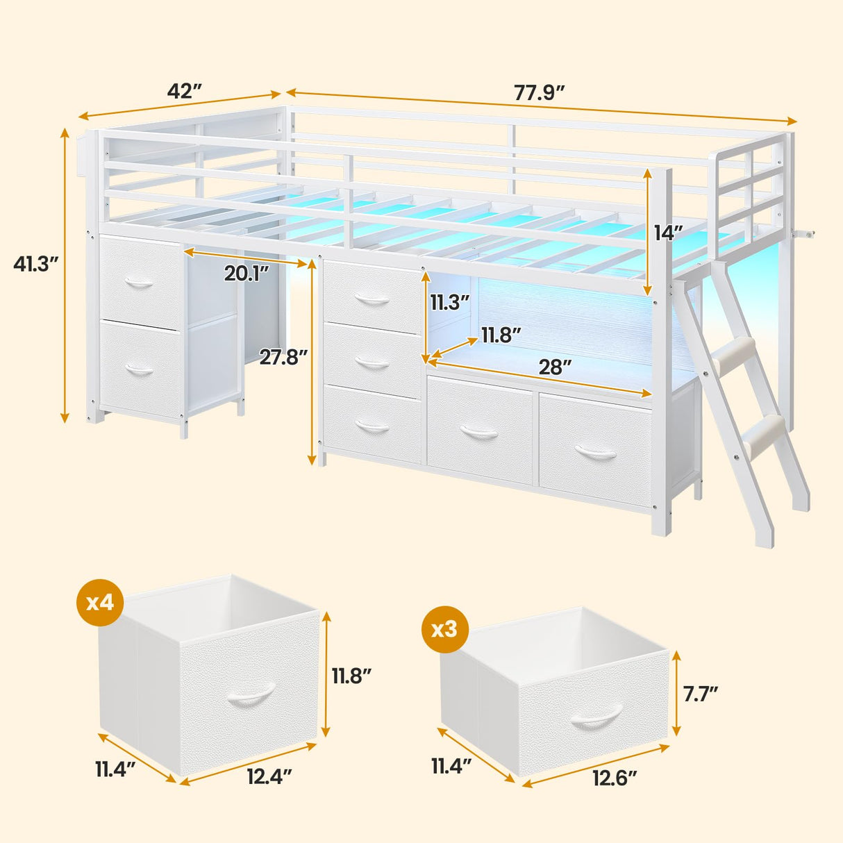 ADORNEVE Low Loft Bed Twin Size with 7 Storage Drawers, Bookcase and LED Lights, Metal Kids Loft Bed with 14" H Safety Guardrail,Inclined Ladder and Play Curtain, Under-Bed Play Space, White ADORNEVE