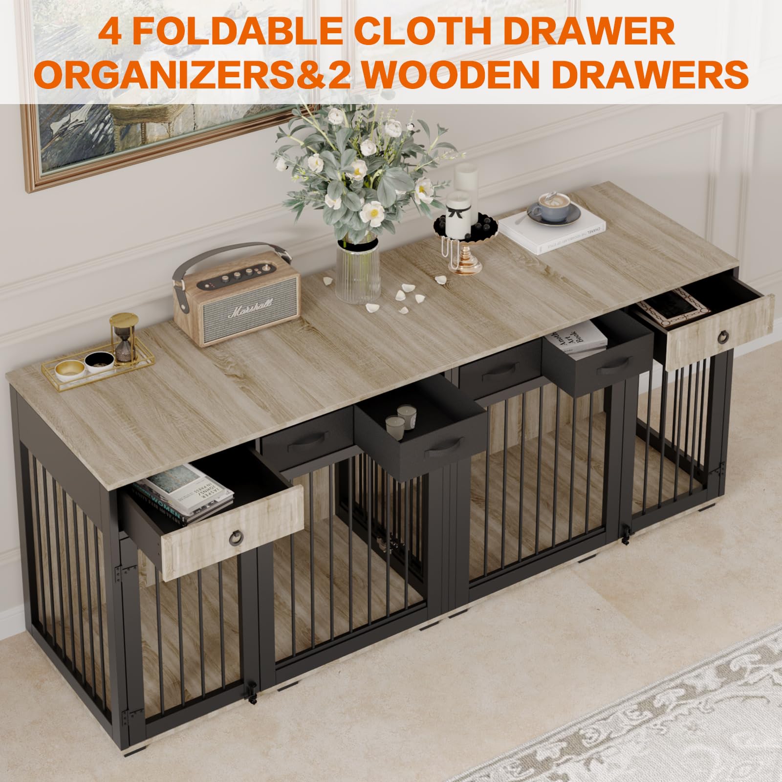 PAPIHO Dog Crate Furniture for 2 Dogs,Corner Wooden Furniture Style Combined Dog Crate Kennel with Fabric Drawers&Removable Divider,Dog Crate Can Use Separately - WoodArtSupply