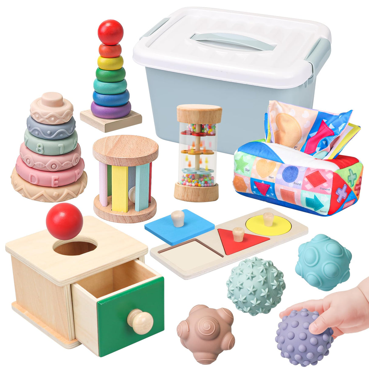 Montessori Toys for Babies 6-12 Months,1 Year Old,8 in 1 Learning Educational Set Wooden Sensory Toys for Baby Toys 12-18 Months (Includes Tissue Box Toy,Rainmaker and More) Tooysea