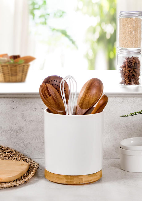 Nucookery 360° Rotating Utensil Holder, 7.2" Large Utensil Crock, White Ceramic Cooking Utensil Organizer with Countertop-Protection Cork Bottom for Farmhouse Kitchen Decor Gift (White) Nucookery