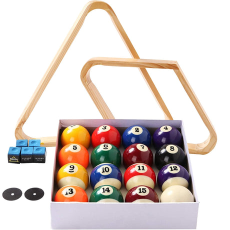 Billiard Balls Set, Pool Table Triangle Ball Rack and 9-Ball Diamond Rack (Wood), 5 Cue Chalks and 2 Table Spot Stickers - Pool Table Accessories BETTERLINE