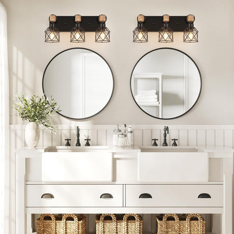 FadimiKoo 3-Light Farmhouse Vanity Light for Bathroom, Wood Bathroom Light Fixtures Over Mirror, Industrial Black Vanity Light with Metal Lampshade for Bedroom Hallway Living Room FadimiKoo