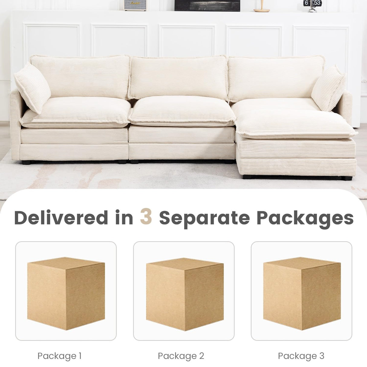 ROWHY Oversized Modular Sectional Sofa with Movable Ottoman, 112 Inch 4 Seat Modern Corduroy Sofa Set, Convertible L Shaped Couch for Living Room and Office, Beige ROWHY