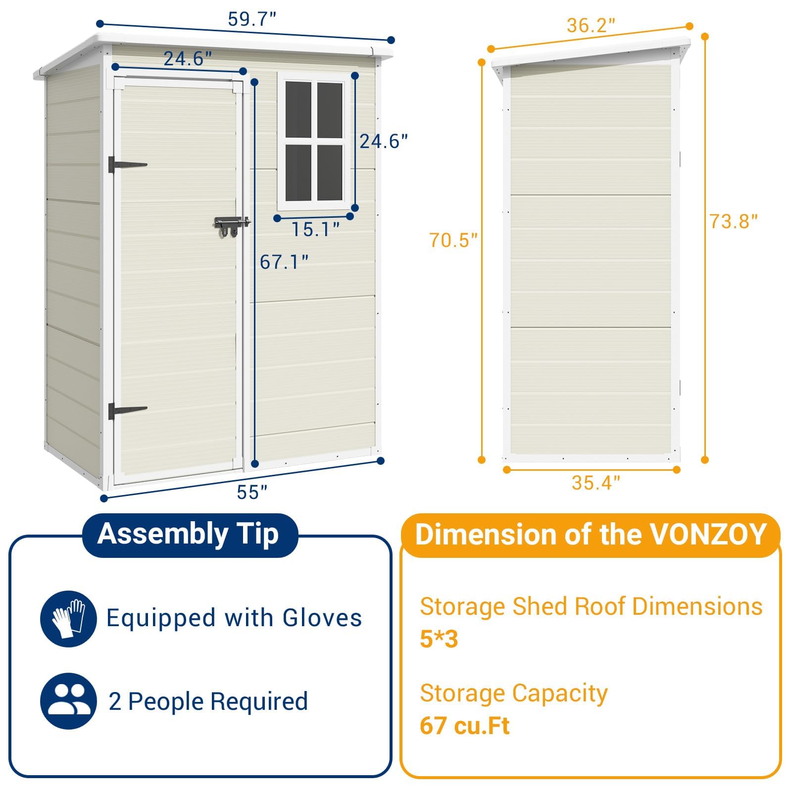 VONZOY Outdoor Storage Shed, 5x3FT Resin Shed with Floor, Lockable Door & Window, Waterproof Tool Sheds & Outdoor Storage for Bike, Garbage Cans,Garden Accessories, Sandstone - WoodArtSupply