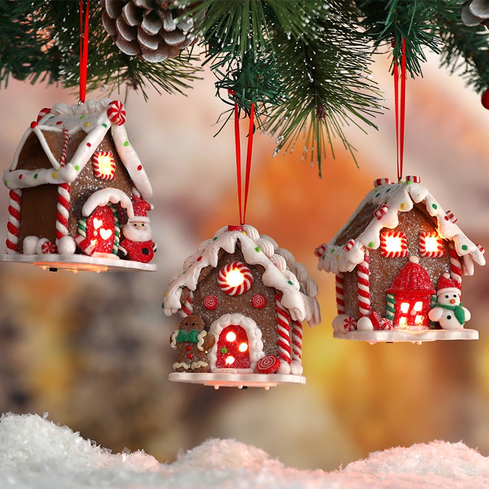 UAEYW 3Pcs Gingerbread House Ornaments for Christmas Tree Decorations Battery Operated Lighted LED Clay Hanging Candy House Ornament with Rope for Xmas Holiday Party New Year Home Decor