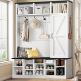 4ever2buy 79 Inch Hall Tree with Bench and Shoe Storage, Farmhouse Hall Tree with Coat Rack, White Entryway Bench with Barn Door and Adjustable Shoe Cubbies, Mudroom Hall Tree with 3-Tier Cabinet 4ever2buy