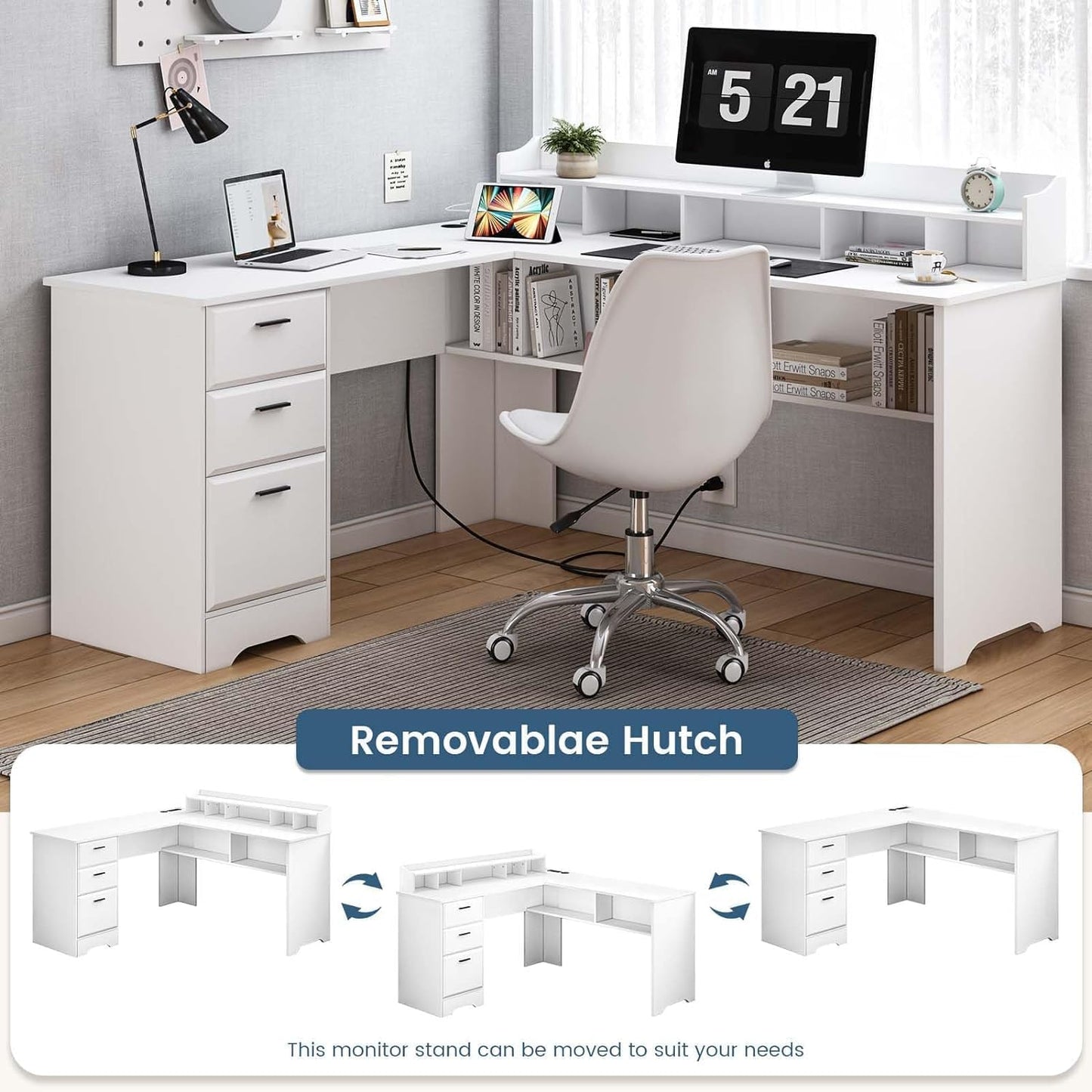 White L Shaped Desk with 3 Drawers, 60 inch White Executive Desk with Drawers and Power Outlet, White L Shaped Desk with File Cabinet, Corner Computer Desk with Moveable Hutch for Bedroom