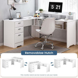 White L Shaped Desk with 3 Drawers, 60 inch White Executive Desk with Drawers and Power Outlet, White L Shaped Desk with File Cabinet, Corner Computer Desk with Moveable Hutch for Bedroom MaverickFurni