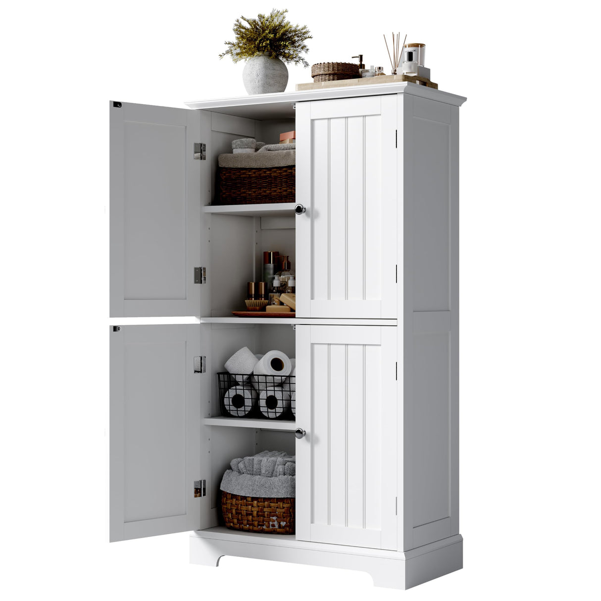 ChooChoo Bathroom Floor Cabinet, Modern Bathroom Storage Cabinet with 4 Doors and Adjustable Shelves, Freestanding Cupboard for Living Room, White ChooChoo