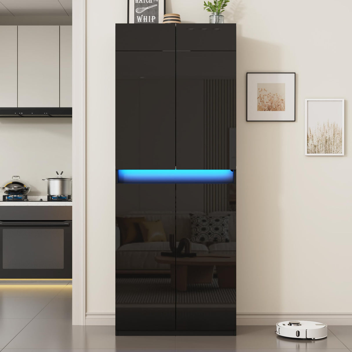 Furnify 71" Tall Pantry Storage Cabinet, Kitchen Pantry with High Gloss Doors, Modern Buffet Hutch Cabinet with Led Light and Adjustable Shelves for Dining Room, Living Room, Black Furnify