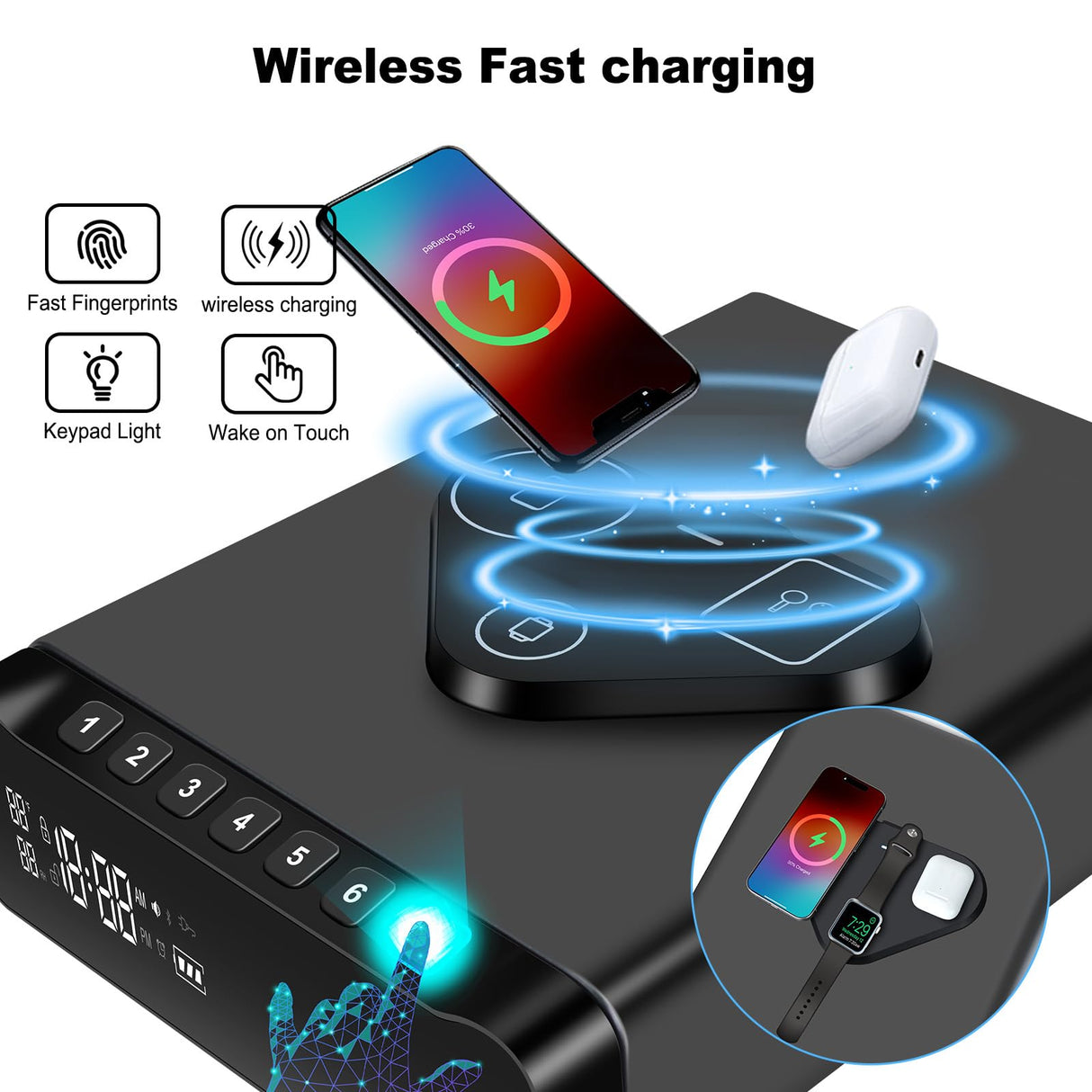 Fingerprint Biometric Gun Safe, Clock Handgun Safe with 3-in-1 Watch & Phone Wireless Charging, Drawer Lock for Hand guns, Cash, Valuables- with Humidity |Temperature| Alarm Clock| Time BBRKIN