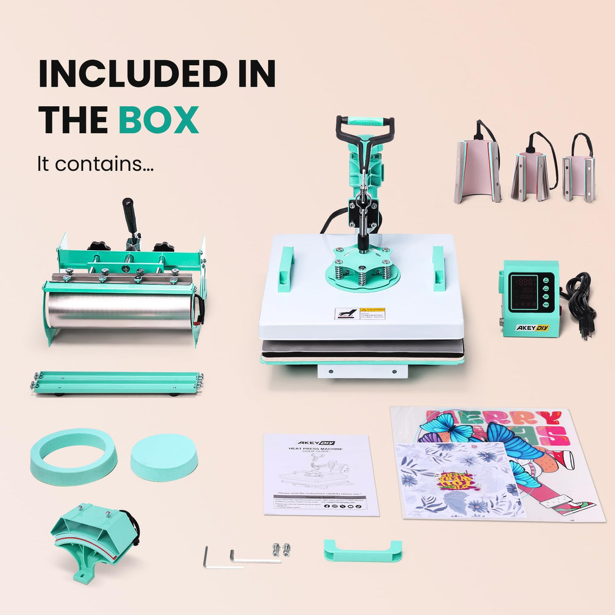 15x15 Heat Press Machine, 8in1 Multi-Purpose Heat Press with 11-30oz Tumbler/Mug/Hat Press, 360° Swing Away/Slide Out Sublimation Tshirt Combo, DIY Heats Transfer Press Vinyl AKEYDIY