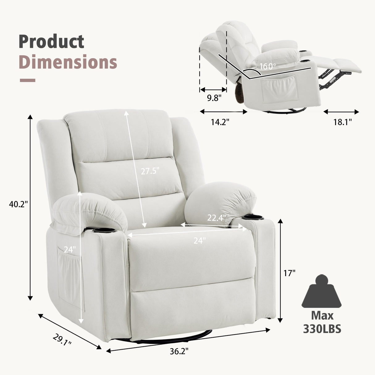 Ketaiyou Swivel Rocking Recliner Chair with Massage and Heat,Oversized Rocker Recliner for Adults, Upholstered Fabric Reclining Single Sofa Chair for Living Room,Nursery (Beige) Ketaiyou