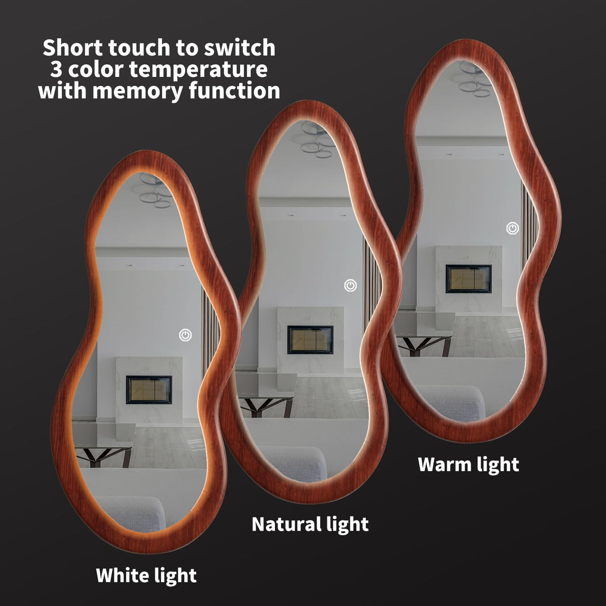 osemy 48"x 24" LED Wood Full Length Mirror with Lights Irregular Wavy Full Body Mirror Shatter-Proof Hanging/Leaning Wall Mounted Walnut Wooden Framed Mirror for Dressing Bedroom Living Room osemy