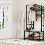 BON AUGURE Industrial Hall Tree with Bench and Shoe Storage, Grey Entryway Bench with Coat Rack, Wooden Metal Coat Tree with Hooks, 5 In 1 Multifunctional Shoe Bench and Wall Rack (Dark Gray Oak) BON AUGURE