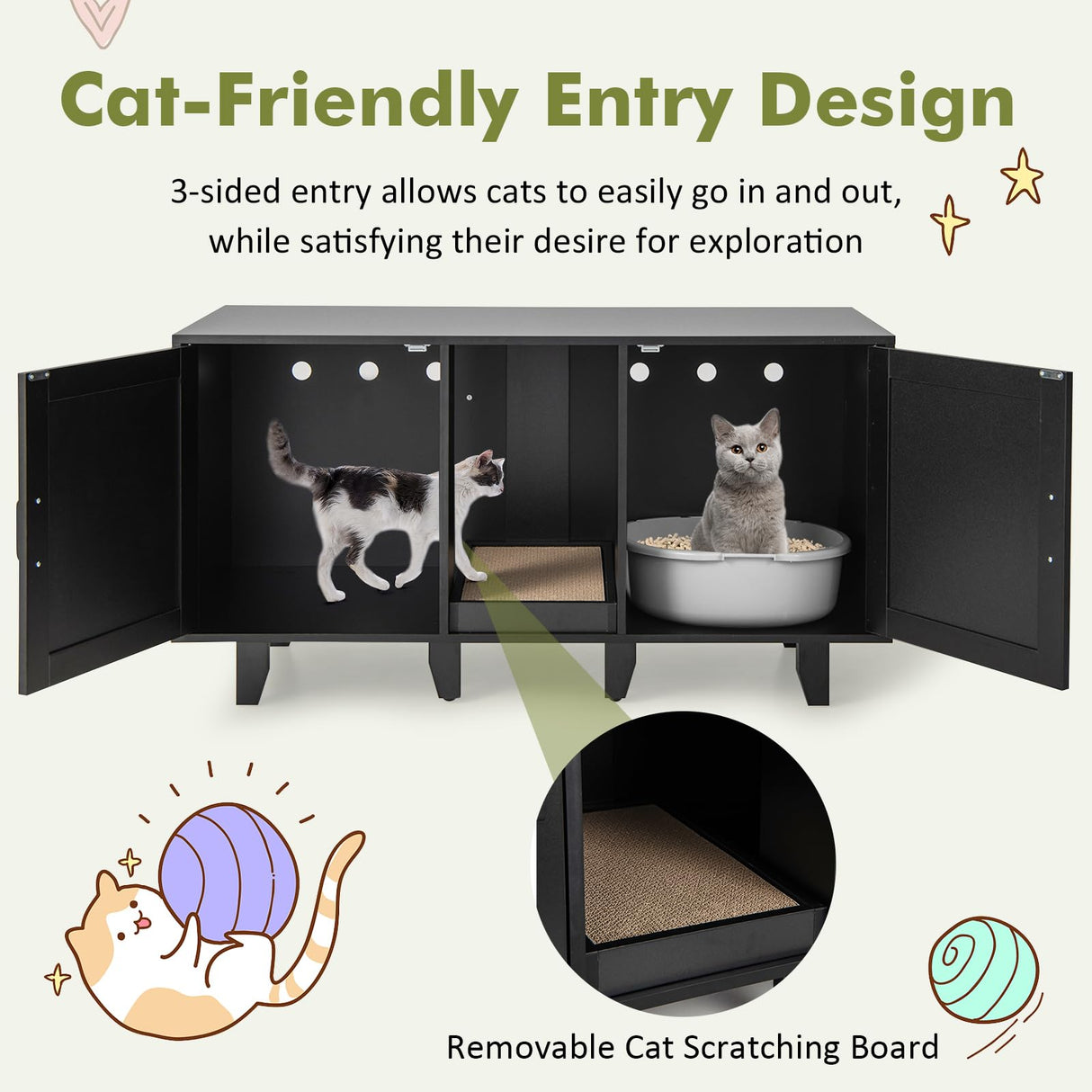 Tangkula Double Cat Litter Box Enclosure for 2 Cats, Large Stackable Hidden Privacy Cat Washroom Cabinet with Scratching Board, Indoor Cat House TV Stand Side Table, Litter Box Furniture (Black) Tangkula