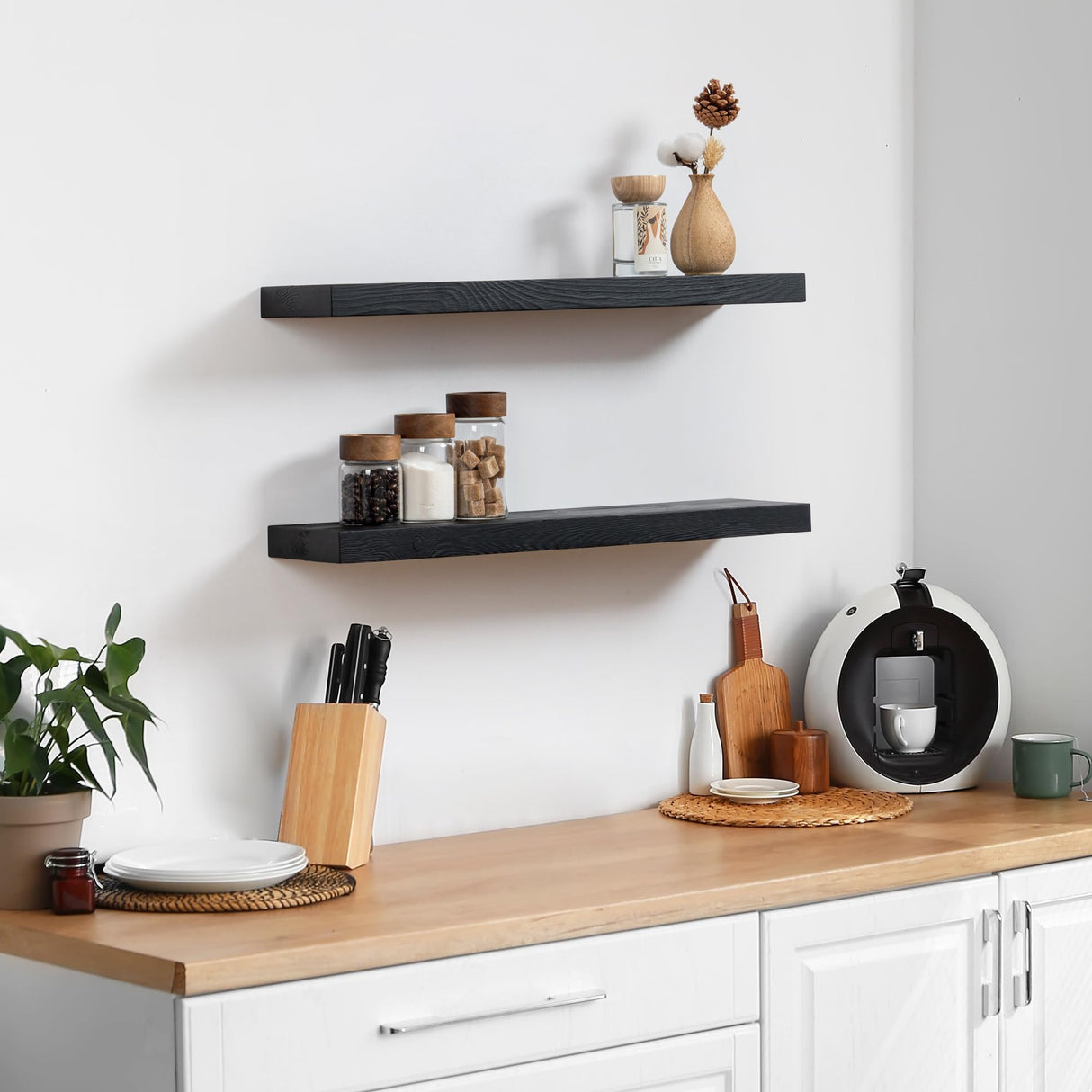 Fun Memories Handcrafted European Pine Floating Shelves - Natural Rustic Wooden Wall Shelf Set of 2-24 Inch Storage Shelf Display Shelf for Kitchen Bathroom Living Room Bedroom Farmhouse - Black Fun Memories