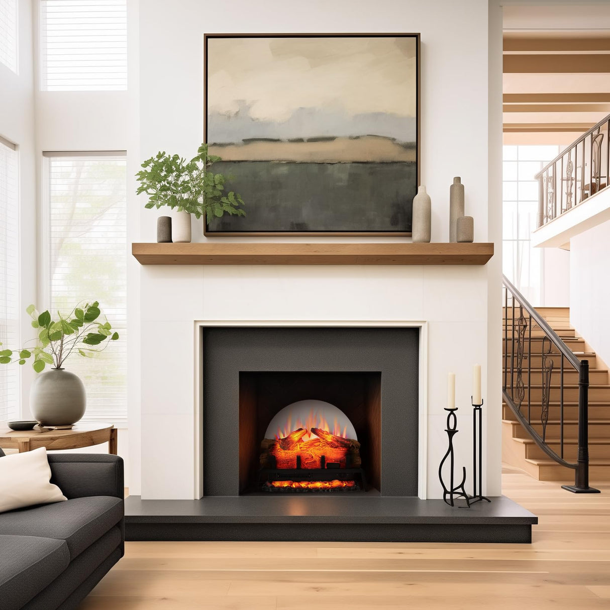 PuraFlame 24" Free Standing Electric Fireplace Log Set Insert, 750W/1500W Heater, 6 Flame Colors with 5 Brightness, Crackling Sound, Remote Control PuraFlame