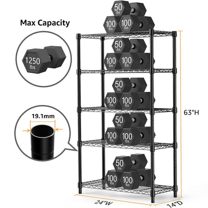 MZG 1250 lbs Storage Shelving Utility Shelving Unit 5-Tier Utility Shelving Unit Steel Organizer Wire Rack for Home,Kitchen,Office (13.7" D x 23.6" W x 62.4" H)