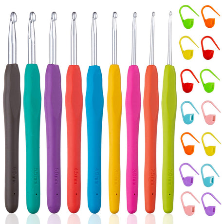 Vodiye 23 PCS Crochet Hooks, Ergonomic Handle Crochet Hooks Set for Arthritic Hands, Comfortable Smooth Crochet Needles Extra Long Knitting Needles with Stitch Markers, Rubber, Multicolor Vodiye