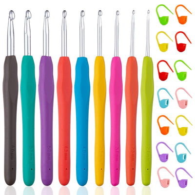 Vodiye 23 PCS Crochet Hooks, Ergonomic Handle Crochet Hooks Set for Arthritic Hands, Comfortable Smooth Crochet Needles Extra Long  Knitting Needles with Stitch Markers, Rubber, Multicolor