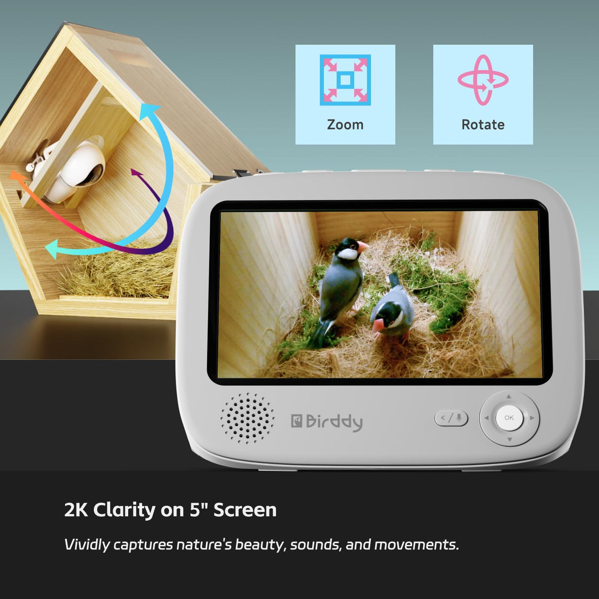 RELI Birddy® Nest with Camera & Monitor, 2K Resolution Cam Plug-and-Play Bird House with 24/7 Live Stream, Outdoor Nesting Box for Garden Birds, Ideal Gift for Bird Lover Watching Birds RELI