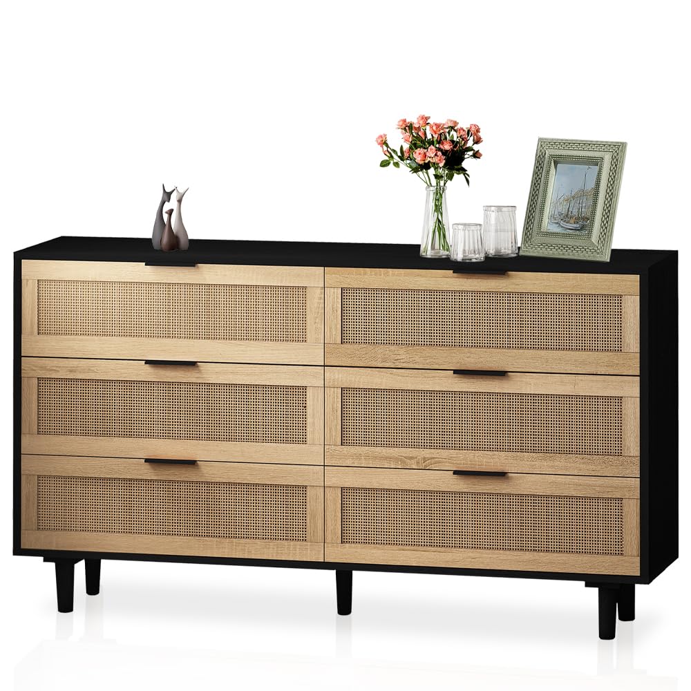 NTYUNRR 51.18" Black Rattan Dresser, 6 Drawer Double Dresser for Bedroom, Wooden Dresser Chest of Drawers, Modern Large Closet Boho Dressers Storage Cabinet, for Living Room Hallway Entryway, M NTYUNRR