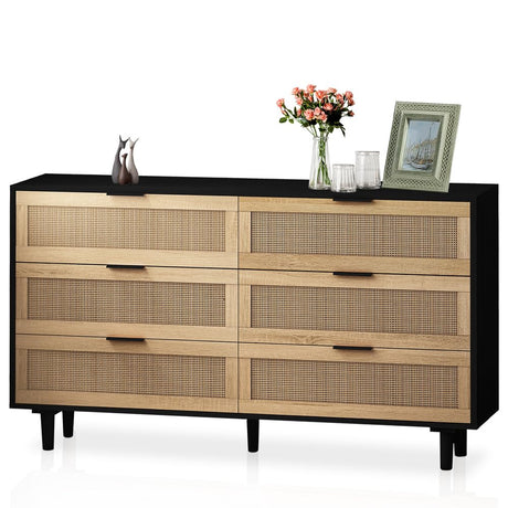 NTYUNRR 51.18" Black Rattan Dresser, 6 Drawer Double Dresser for Bedroom, Wooden Dresser Chest of Drawers, Modern Large Closet Boho Dressers Storage Cabinet, for Living Room Hallway Entryway, M NTYUNRR