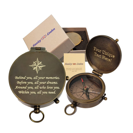 Engraved Compass Personalized | Brass Pocket Compass Gifts for Men, Him, Son, Husband, Grandson, Boys | Engravable Antique Gift Compasses for Graduation, Baptism, Confirmation (Behind You) Stanley London