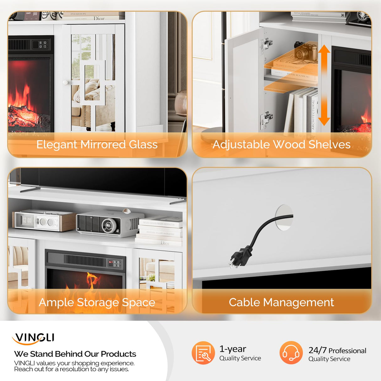 VINGLI Mirrored Fireplace TV Stand, Farmhouse Modern Entertainment Center with Electric Fireplace & Mirror Doors for TVs Up to 60 Inch (White) VINGLI