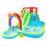 WELLFUNTIME Inflatable Water Double Slides Park with Blower, Bouncy Castle with Rainbow Water Curtain, with Shooting and Rock Climbing WELLFUNTIME