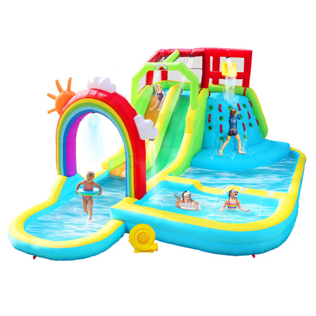 WELLFUNTIME Inflatable Water Double Slides Park with Blower, Bouncy Castle with Rainbow Water Curtain, with Shooting and Rock Climbing WELLFUNTIME