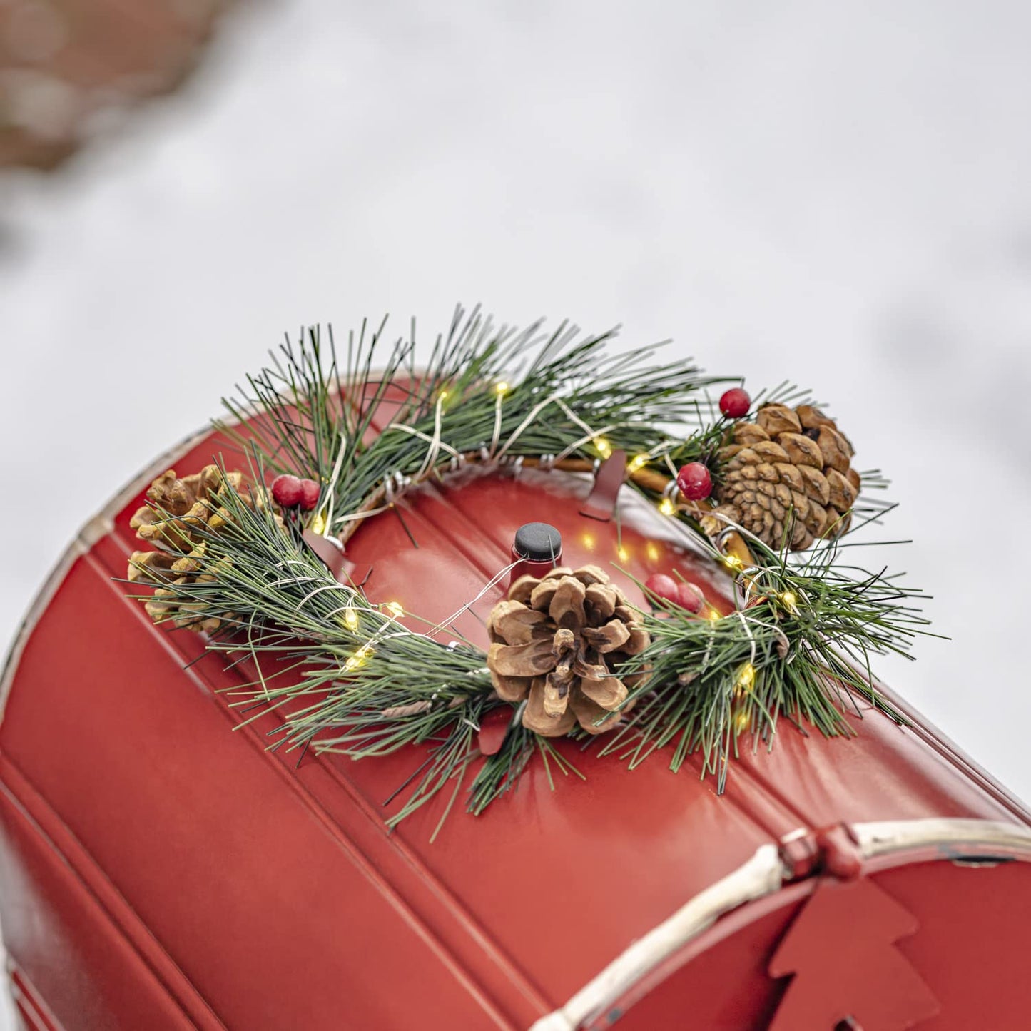 42" Tall Metal Standing Santa's Mail Christmas Mailbox with Light-up LED Wreath (Red Top)