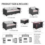 Rattaner 7 PCS Outdoor Furniture Sets 60000BTU 45-Inch Outdoor Propane Fire Pit Table Patio Furniture Set No-Slip Cushions and Waterproof Covers, Light Grey Rattaner