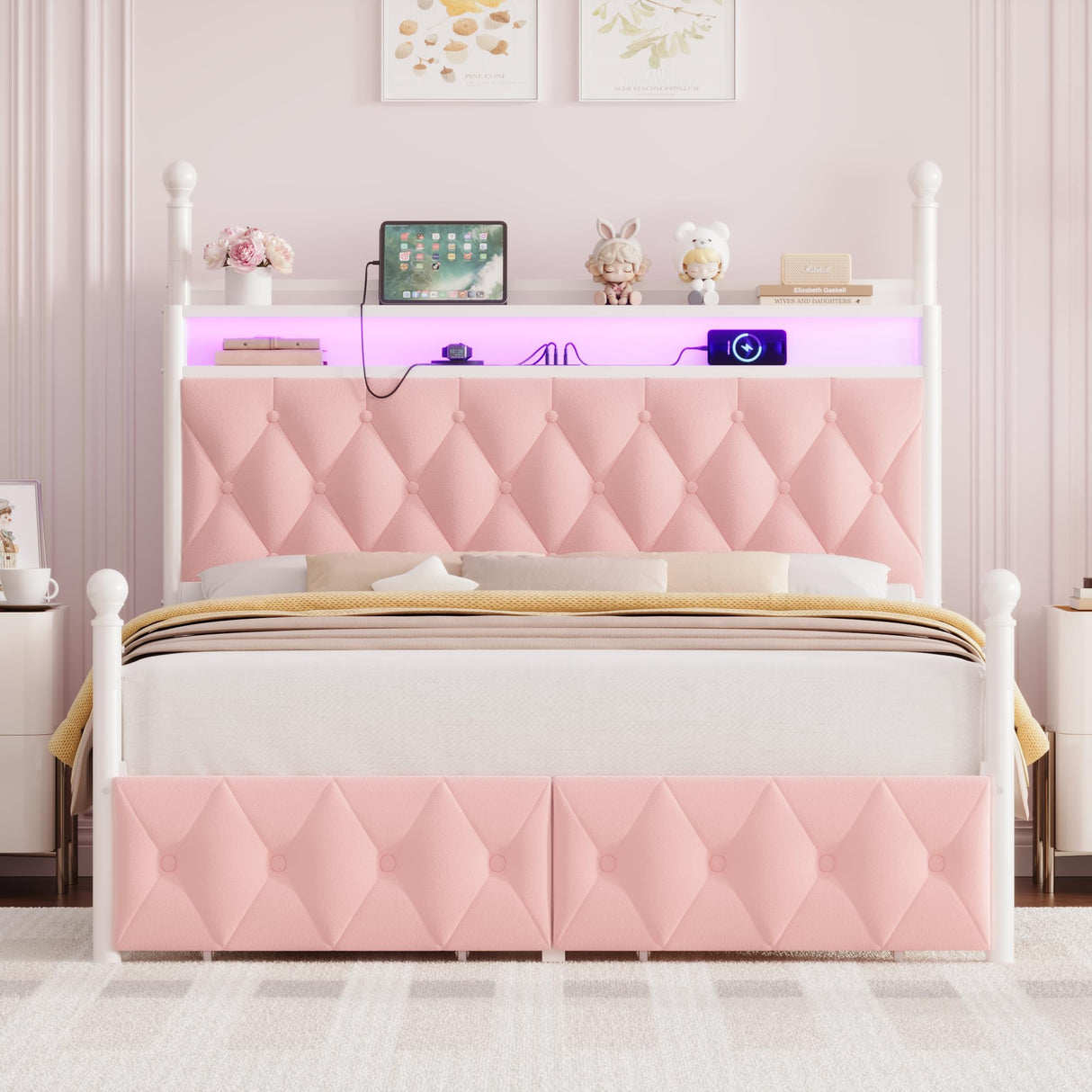 HIFIT Full Size Upholstered LED Canopy Bed Frame with Storage and Charging Station, Button Tufted Storage Headboard with Bookshelf, Two-Use Metal Platform Bed with 4 Removable Posts & 2 Drawers, Pink HIFIT