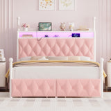 HIFIT Full Size Upholstered LED Canopy Bed Frame with Storage and Charging Station, Button Tufted Storage Headboard with Bookshelf, Two-Use Metal Platform Bed with 4 Removable Posts & 2 Drawers, Pink HIFIT