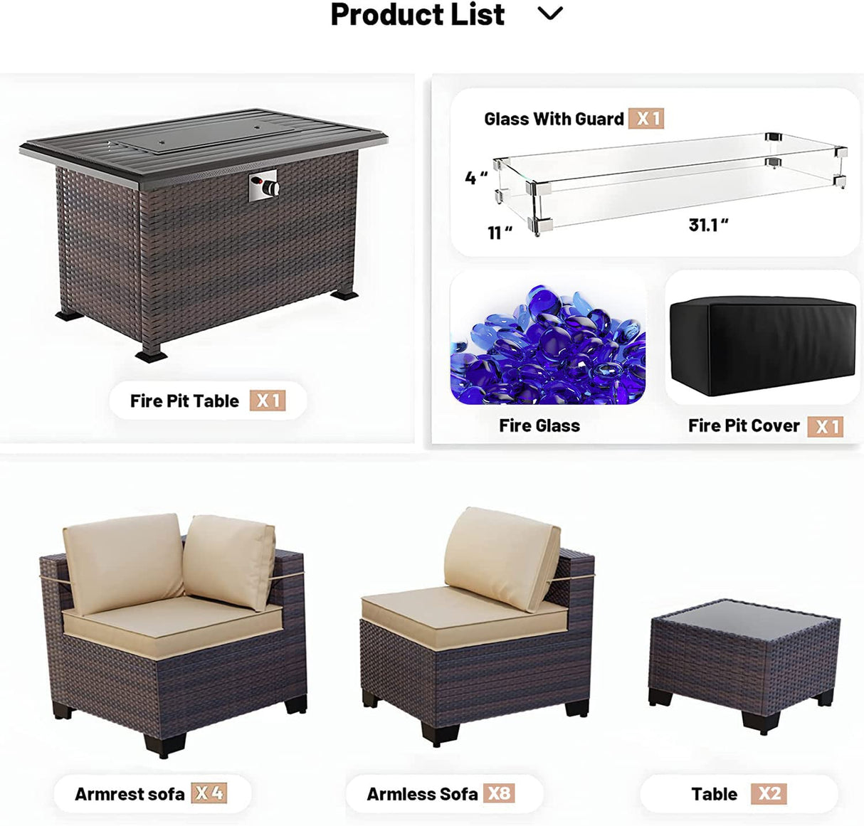 Kullavik 15 Pieces Outdoor Patio Furniture Set with 43" 55000BTU Gas Propane Fire Pit Table PE Wicker Rattan Sectional Sofa Patio Conversation Sets,Khaki Kullavik