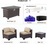 Kullavik 15 Pieces Outdoor Patio Furniture Set with 43" 55000BTU Gas Propane Fire Pit Table PE Wicker Rattan Sectional Sofa Patio Conversation Sets,Khaki Kullavik