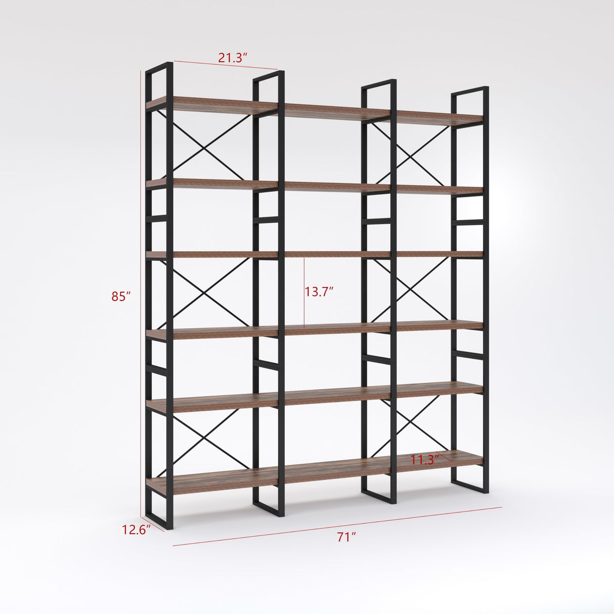 Antique Walnut Color Triple Wide 6 Tiers Bookshelves 71 * 12.6 * 85 Inches Black Brown Industrial Modern Contemporary MDF Metal Finish Includes Hardware WoodArtSupply