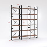Antique Walnut Color Triple Wide 6 Tiers Bookshelves 71 * 12.6 * 85 Inches Black Brown Industrial Modern Contemporary MDF Metal Finish Includes Hardware WoodArtSupply