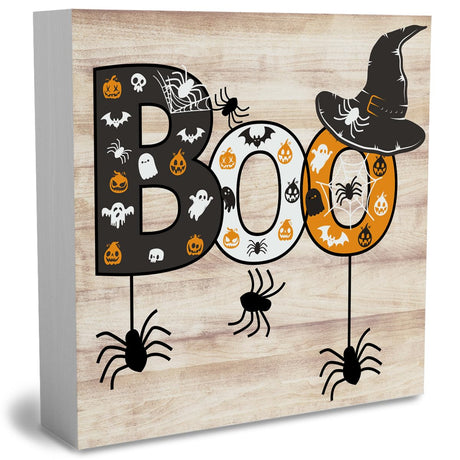 Rustic Boo Witch Spider Halloween Wooden Box Sign Cute Fall Sign Decor Farmhouse Decorative Wood Box Sign Block Plaque for Wall Desk Home Bathroom Decoration 5 x 5 Inches WRSUNT