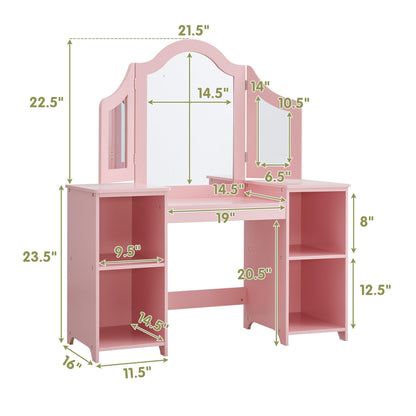 2 in 1 Kids Vanity, Princess Makeup Table with Open Storage Cabinet, Pretend Play Vanity with Detachable Tri-fold Mirror for Little Girls Age 3-9 (Pink)