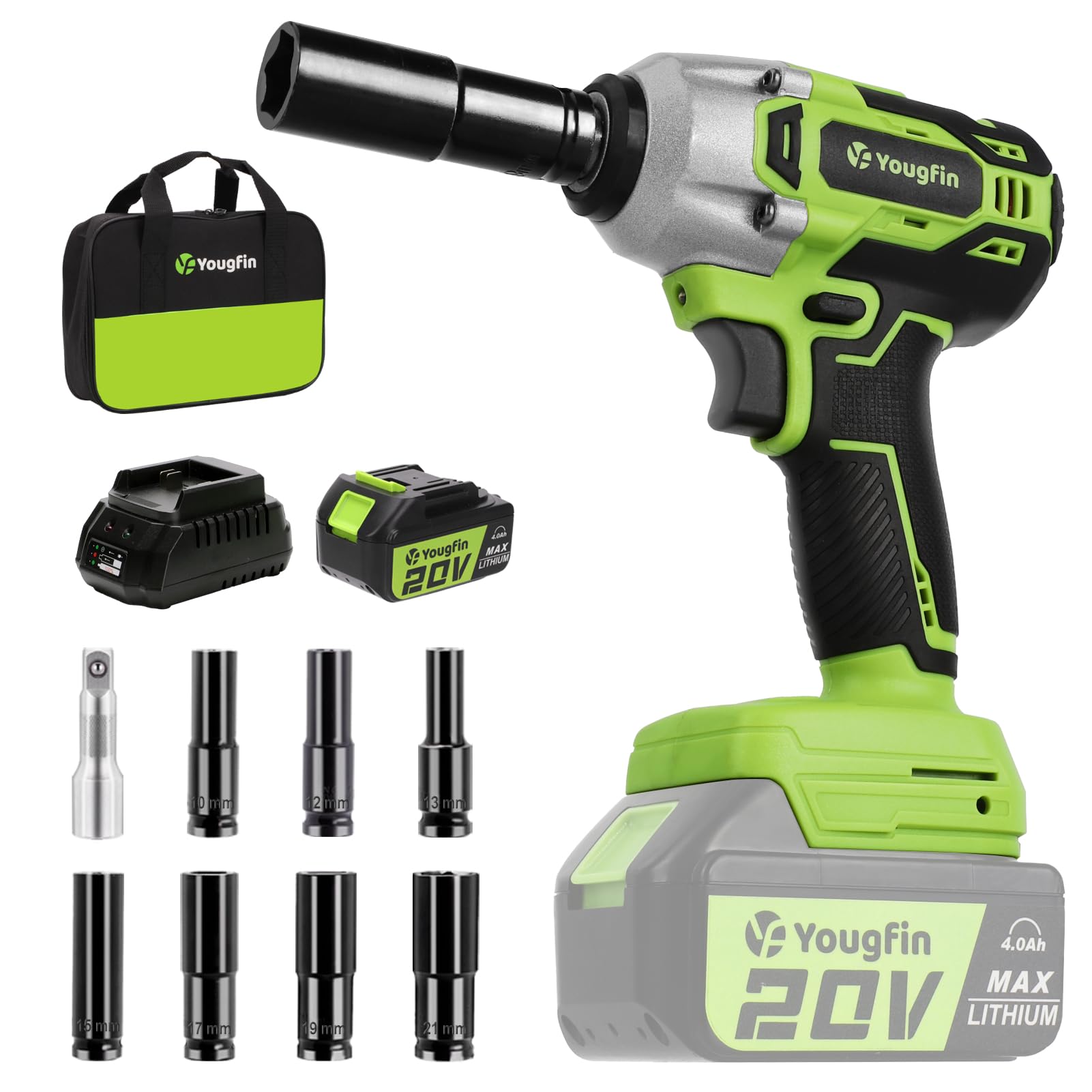 Yougfin Cordless Impact Wrench 1/2 inch for Lug Nuts, 20V Brushless Power Impact Gun Kit 400N.M, 4.0 Ah Battery Powered Impact Driver Heavy Duty, Electric Impact Wrench for Car Home - WoodArtSupply