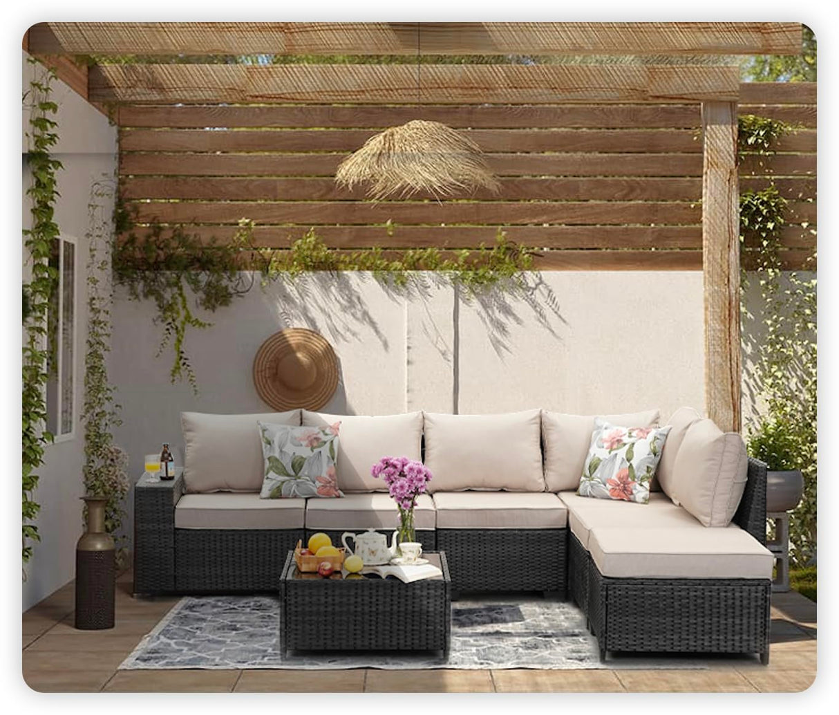 JOYURE 7 Pieces Patio Furniture Set All-Weather Outdoor Wicker Sectional Conversation Sofa Rattan Patio Seating Sofa with Cushion and Glass Table and Ottoman for Porch Poolside,Beige JOYURE