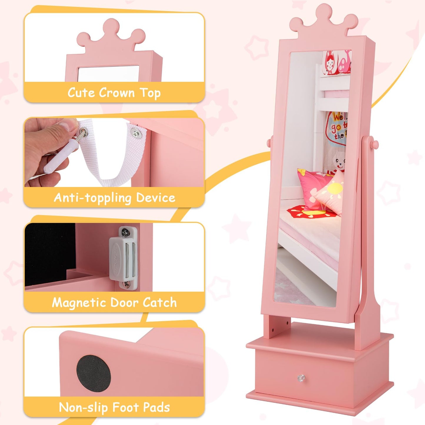 HONEY JOY Kids Jewelry Armoire Cabinet, 2-Angle Tilting Wooden Standing Jewelry Organizer with Full-length Mirror and Storage Drawers, Children Dress Up Jewelry Cabinet for Little Girls (Pink - WoodArtSupply