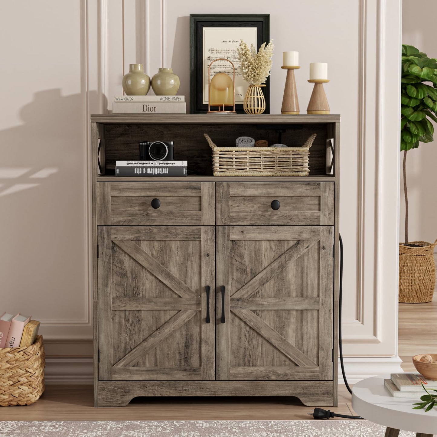 31.5" Rustic Grey Farmhouse Storage Cabinet with Barn Doors and Drawers, Sideboard Buffet Cabinet with Storage, Kitchen Pantry Hutch Cabinet, Coffee Bar Station Table for Kitchen, Livingroom, Bathroom