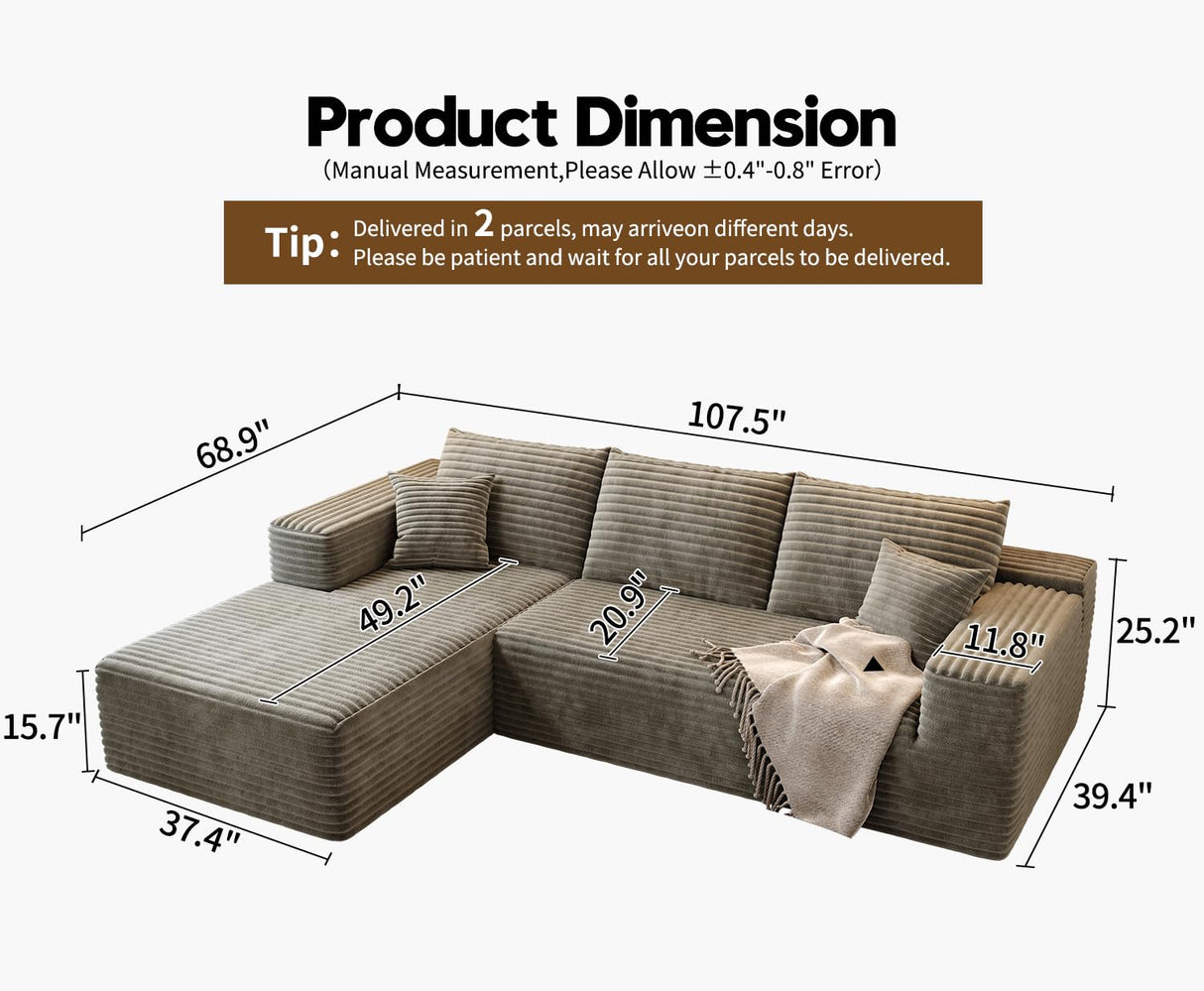 107.5" Cloud Modular Sectional Sofa Couch with L-Shape Chaise,Modern Minimalist Upholstered Couches for Living Room Bedroom,Deep Seat Corner Couch，No Assembly Required (Camel,Left Facing Chaise) Settab