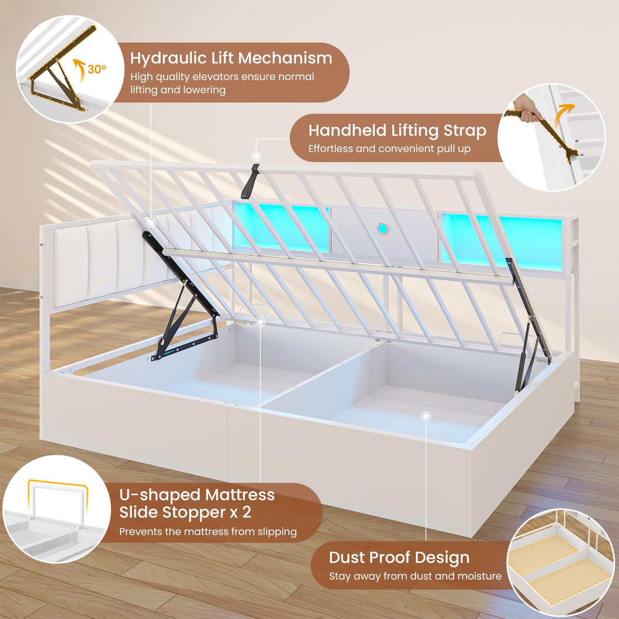 DICTAC Full Corner Bed Frame with Hydraulic Storage,Charging Station and Led Lights Metal Lift up Platform Storage Bed Frame with Upholstered Headboard,Full Size Daybed with Bookcase Guardrail,White DICTAC