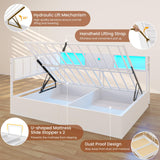 DICTAC Full Corner Bed Frame with Hydraulic Storage,Charging Station and Led Lights Metal Lift up Platform Storage Bed Frame with Upholstered Headboard,Full Size Daybed with Bookcase Guardrail,White DICTAC