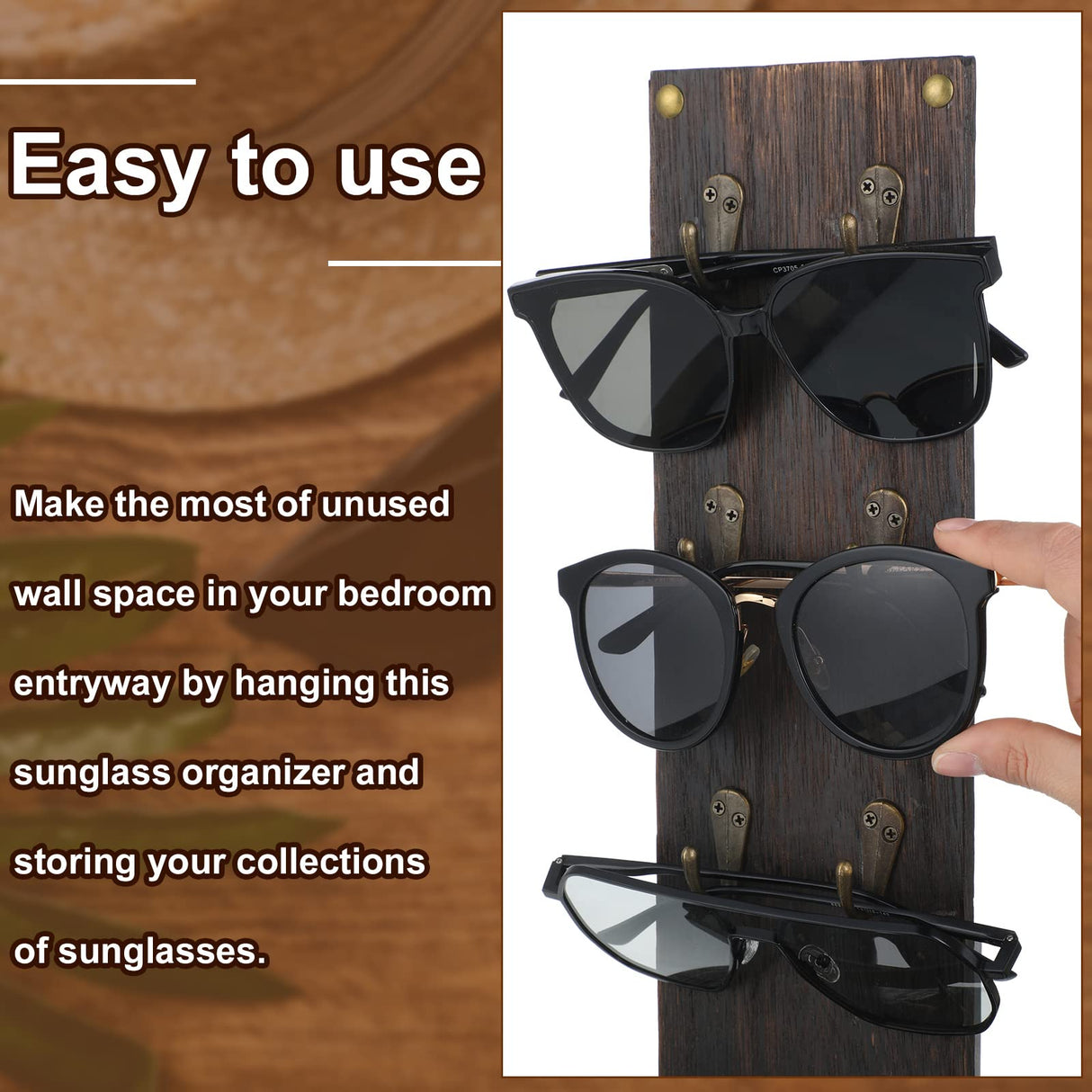 Moxweyeni Set of 2 Rustic Mounted Sunglasses Storage Organizer Wood Eyeglasses Holder Sunglass Rack Eyeglasses Display Rack with Metal Hooks Glasses Wall Decor Hanging Jewelry Organizers for Home Moxweyeni